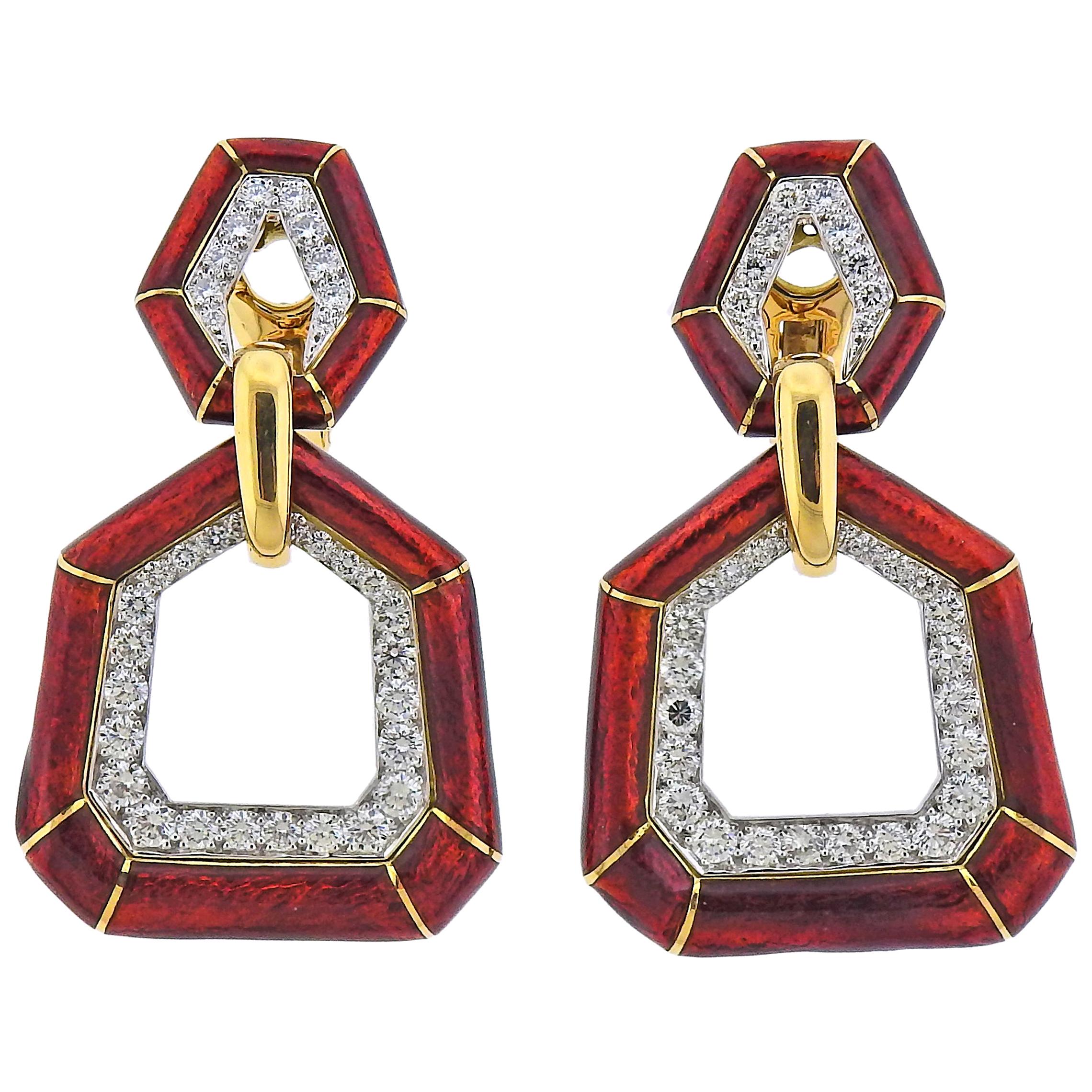 David Webb Red Enamel Diamond Gold Platinum Bamboo Doorknocker Earrings