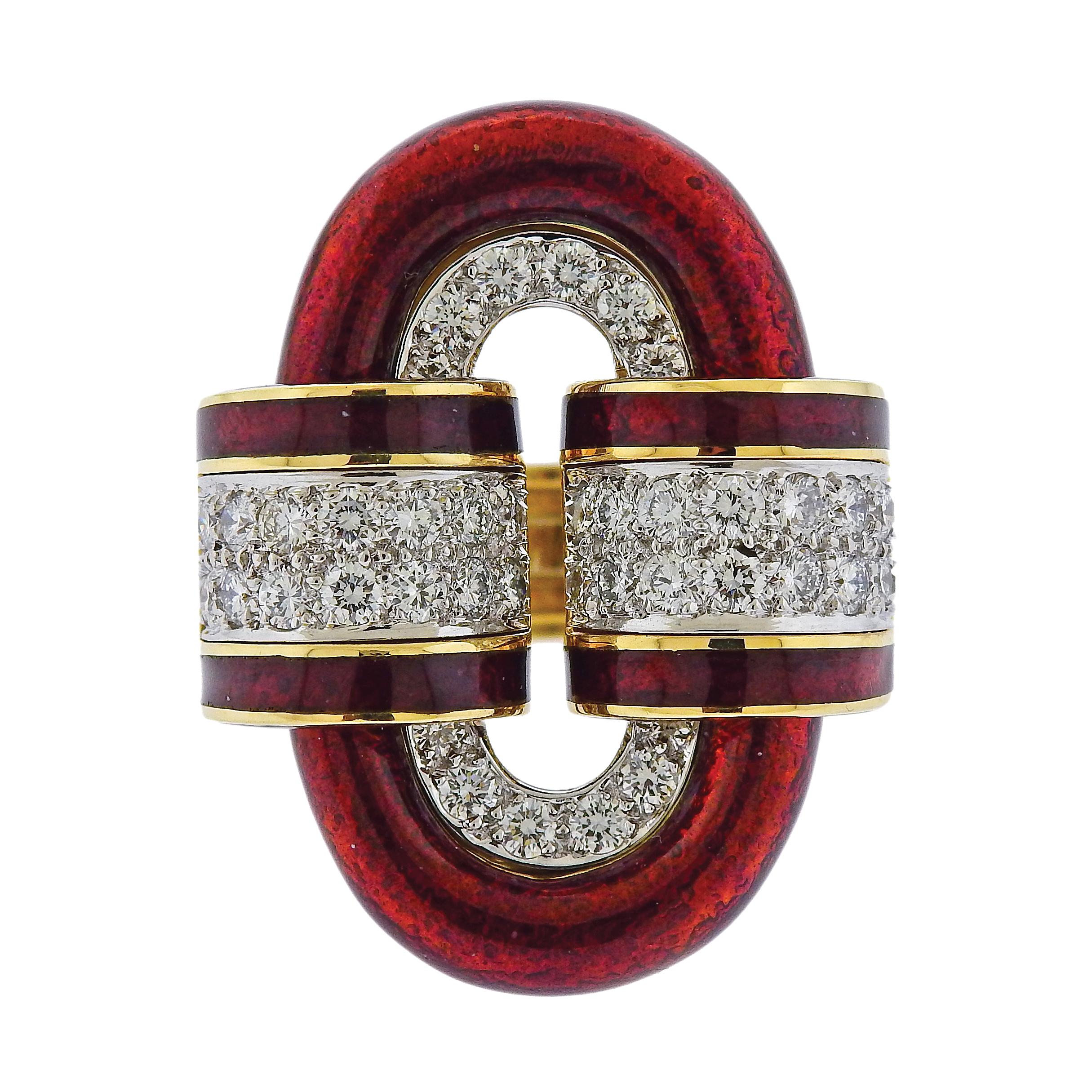 Exclusive David Webb Buckle Ring in platinum and 18K yellow gold elaborated with red enamel and 2.00ctw of H color, VS/SI1 clarity diamonds. Ring is measured  35mm x 26mm , size 6. Weight is 36.9 grams. Marked: D S198, DAvid Webb 18k 900PT. Retail