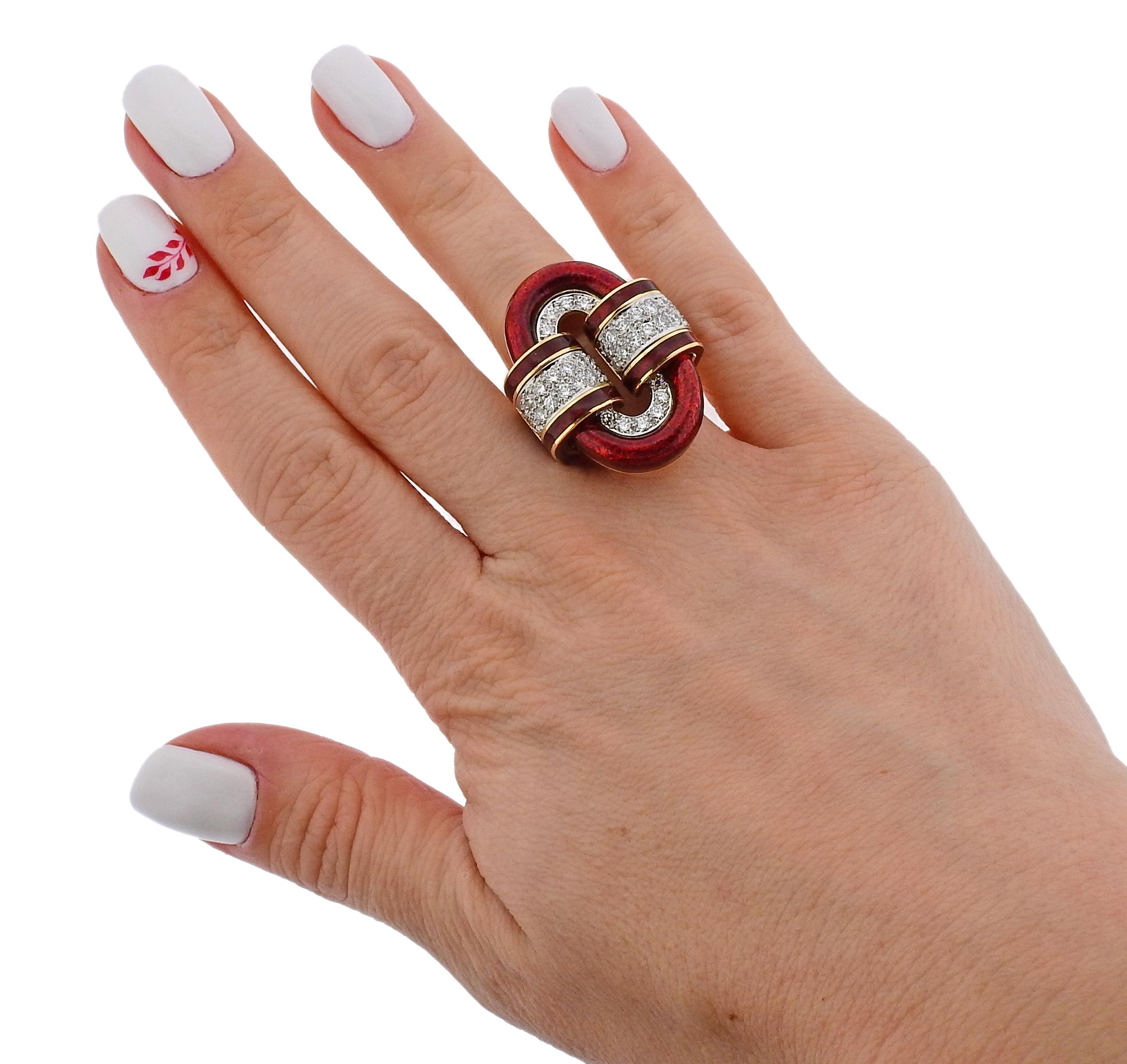 Women's David Webb Red Enamel Diamond Gold Platinum Oval Buckle Ring For Sale
