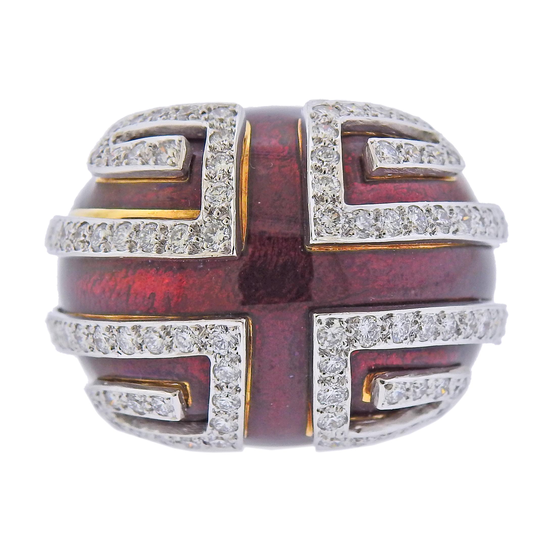 18k gold and platinum Scroll ring by David Webb, with red enamel and approx. 1.50cts in H/VS-SI1 diamonds.  Ring size - 6, ring top is 24mm wide, sits approx. 15mm from the finger.  Weight - 33.3 grams. Marked: David Webb, 18k, 900PT, GS508.