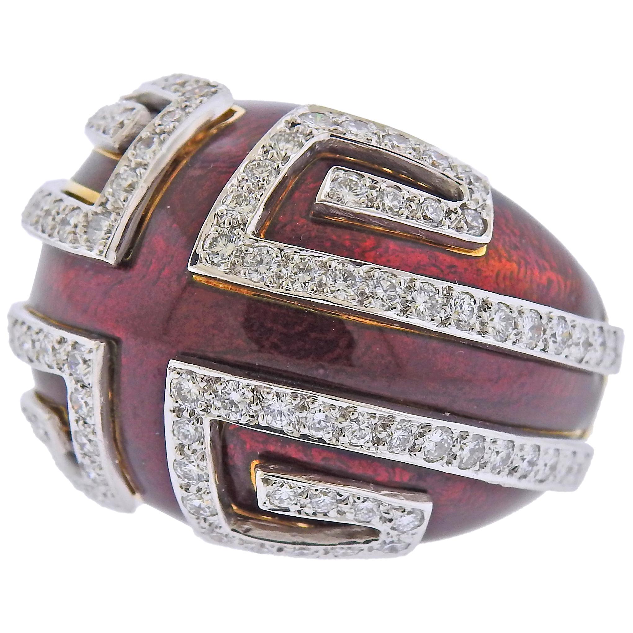 David Webb Red Enamel Diamond Gold Platinum Scroll Ring For Sale