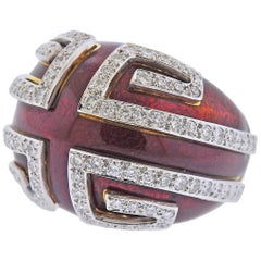 David Webb Red Enamel Diamond Gold Platinum Scroll Ring