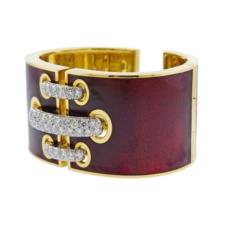 David b Red Enamel Diamond Gold Platinum Shoelace Cuff Bracelet at