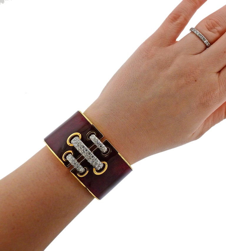 David b Red Enamel Diamond Gold Platinum Shoelace Cuff Bracelet at