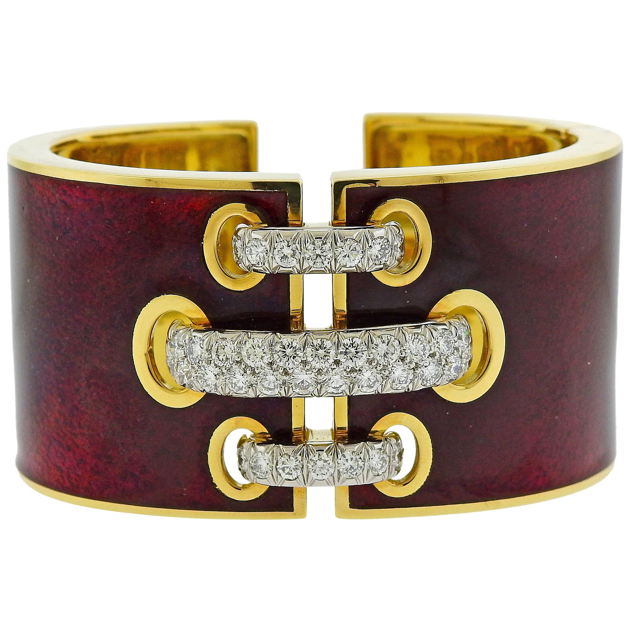 David b Red Enamel Diamond Gold Platinum Shoelace Cuff Bracelet at