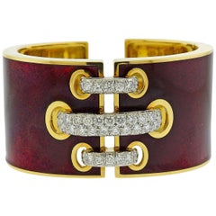 David Webb Red Enamel Diamond Gold Platinum Shoelace Cuff Bracelet