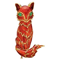 David Webb Red Enamel Fox Vintage Brooch