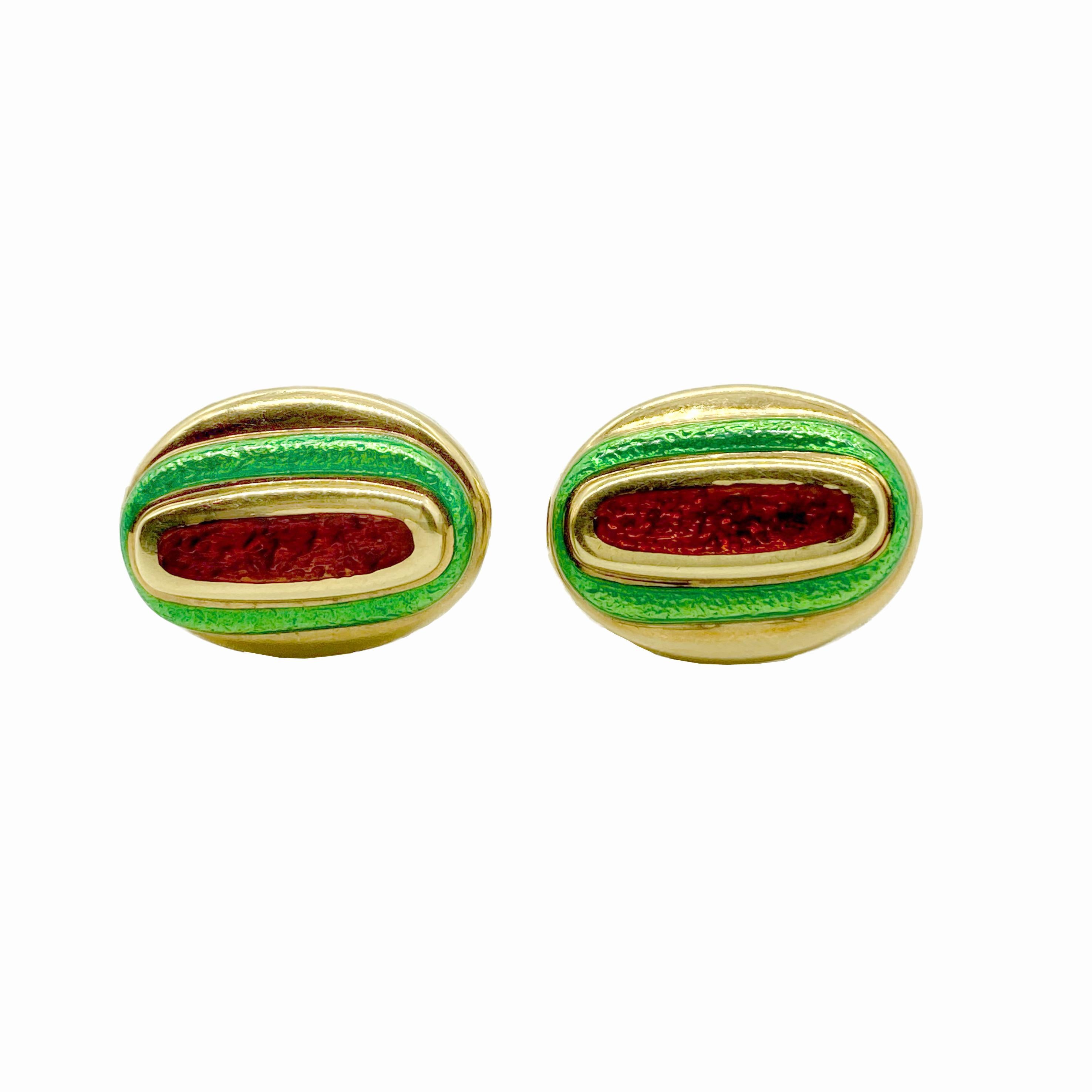 David Webb Red and Green Enamel Yellow Gold Cufflinks In Good Condition In New York, NY