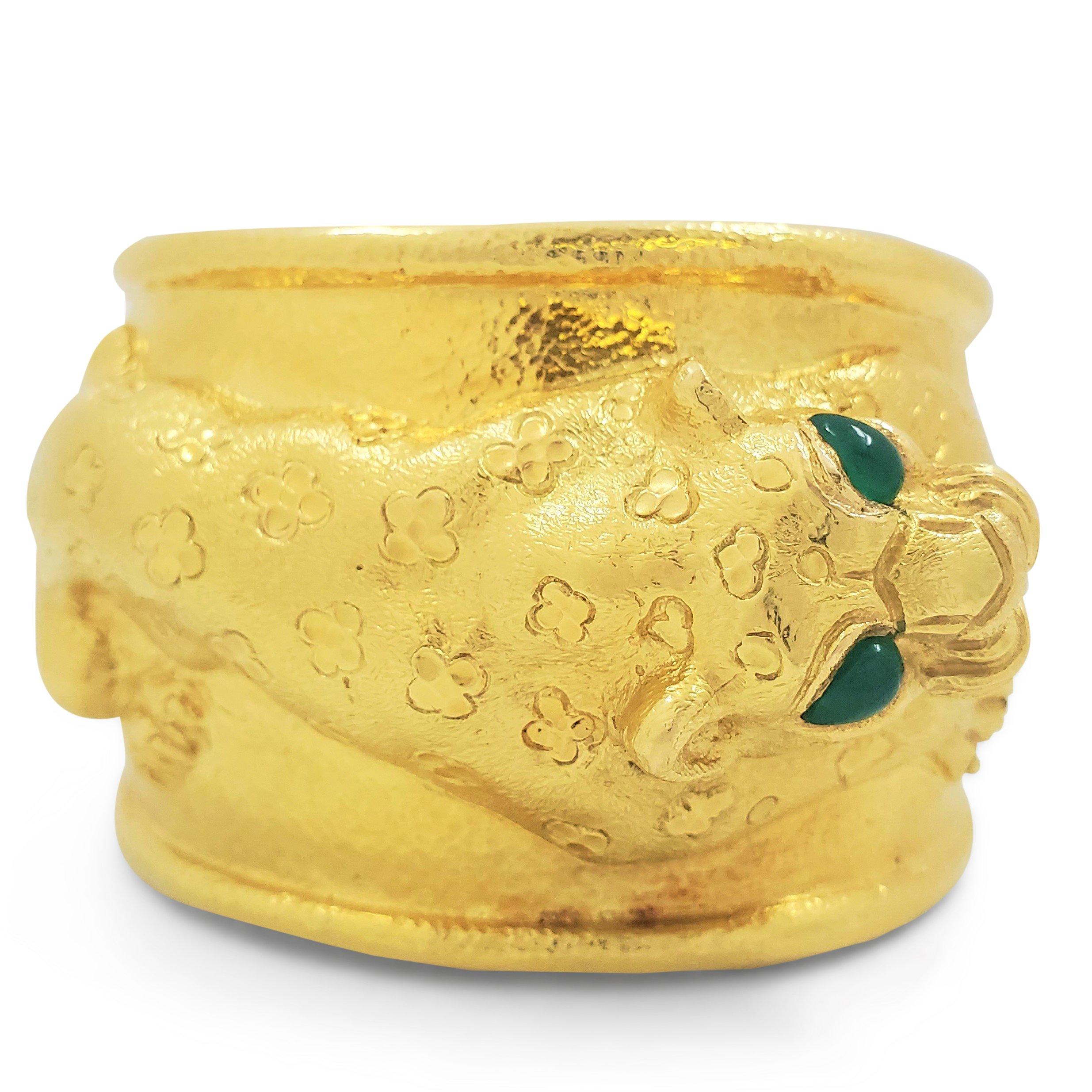 David Webb 'Repoussé Leopard' Yellow Gold and Emerald Sculptural Cuff Bangle 1