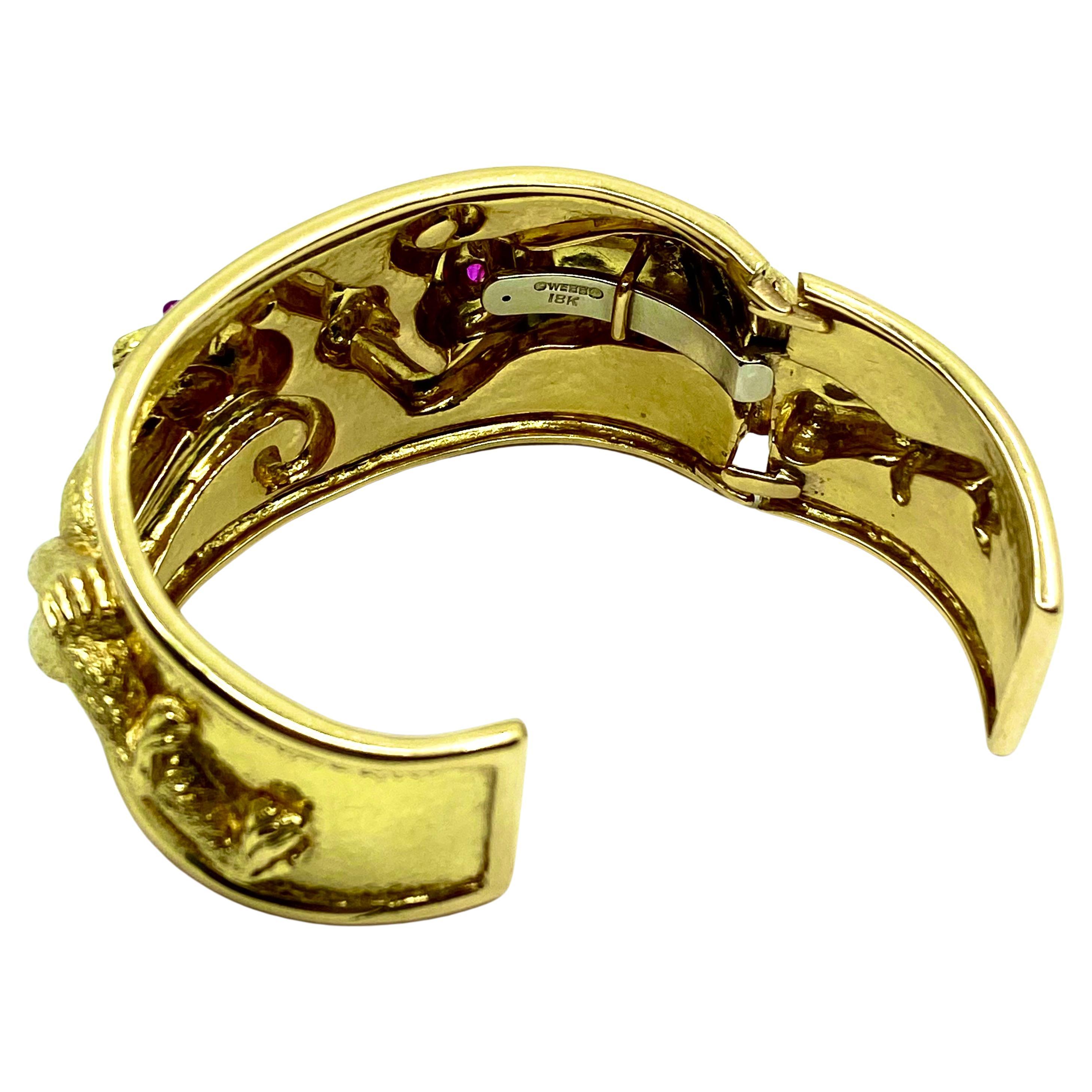 David Webb Repoussé Monkey Cuff 18k Gold Ruby In Excellent Condition In Beverly Hills, CA