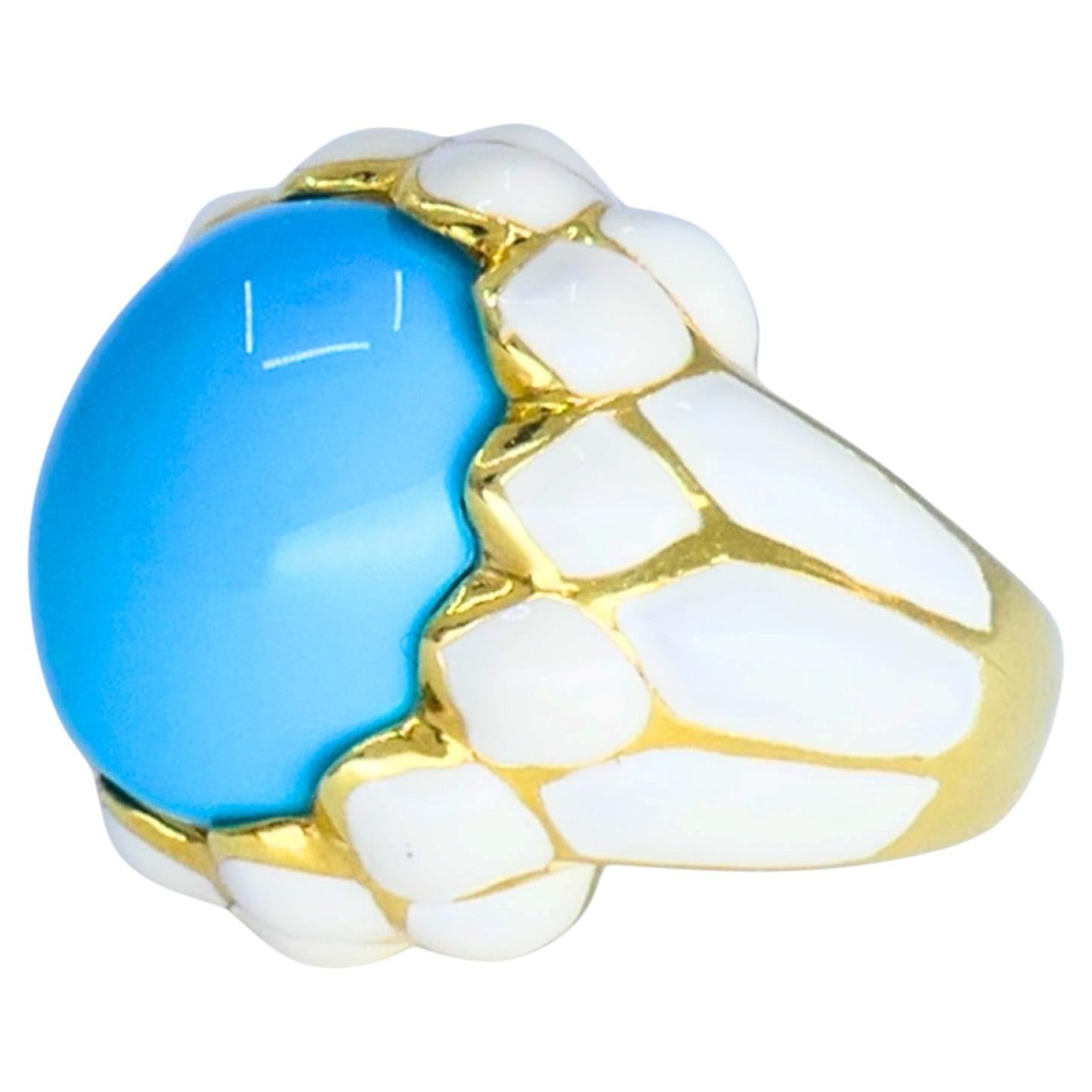 Pre-owned David Webb Ring 18k Gold White Enamel Turquoise Cocktail Ring