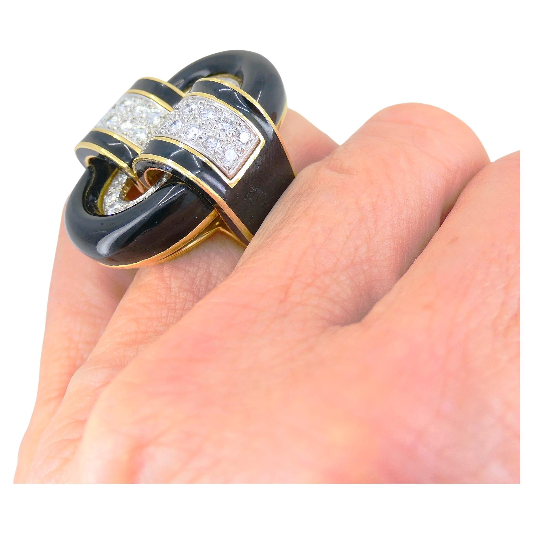 Round Cut David Webb Ring Diamond Gold Black Enamel Vintage Estate Jewelry For Sale