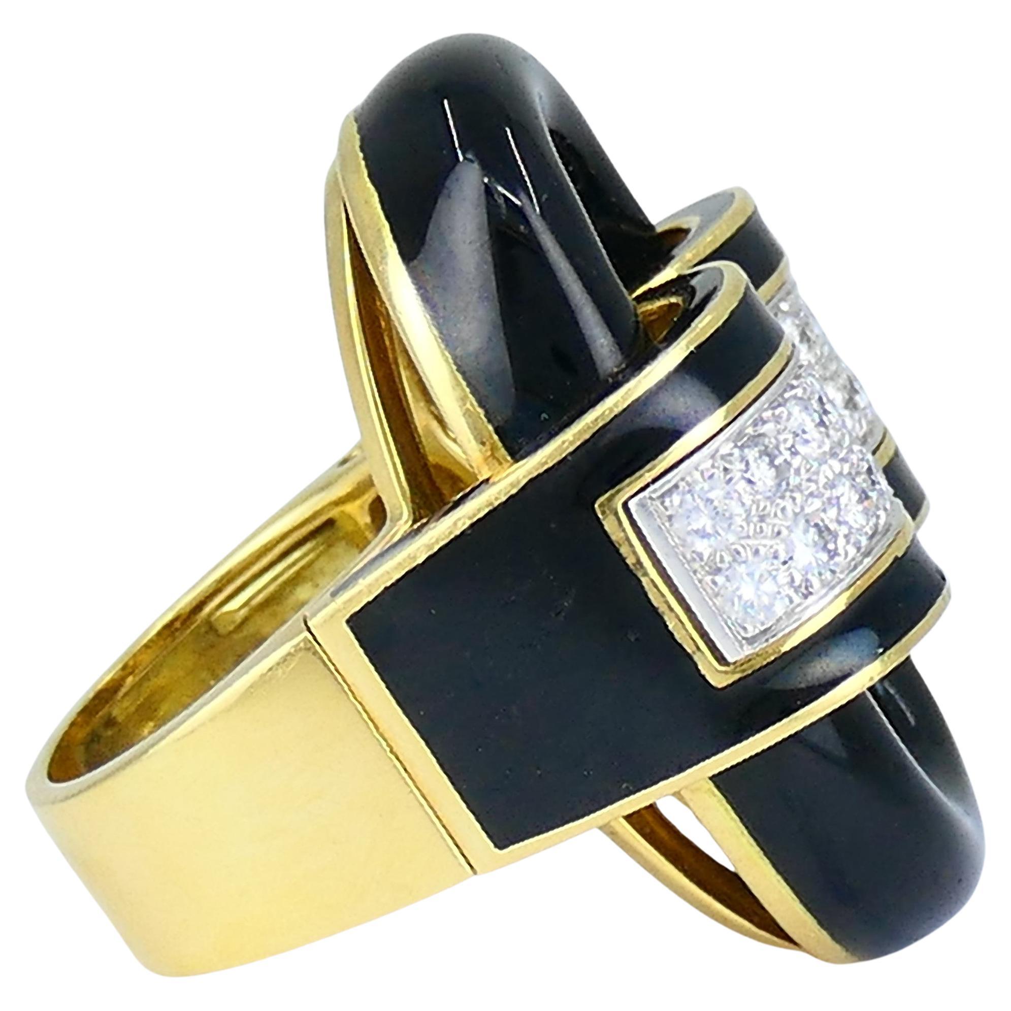 Women's David Webb Ring Diamond Gold Black Enamel Vintage Estate Jewelry For Sale