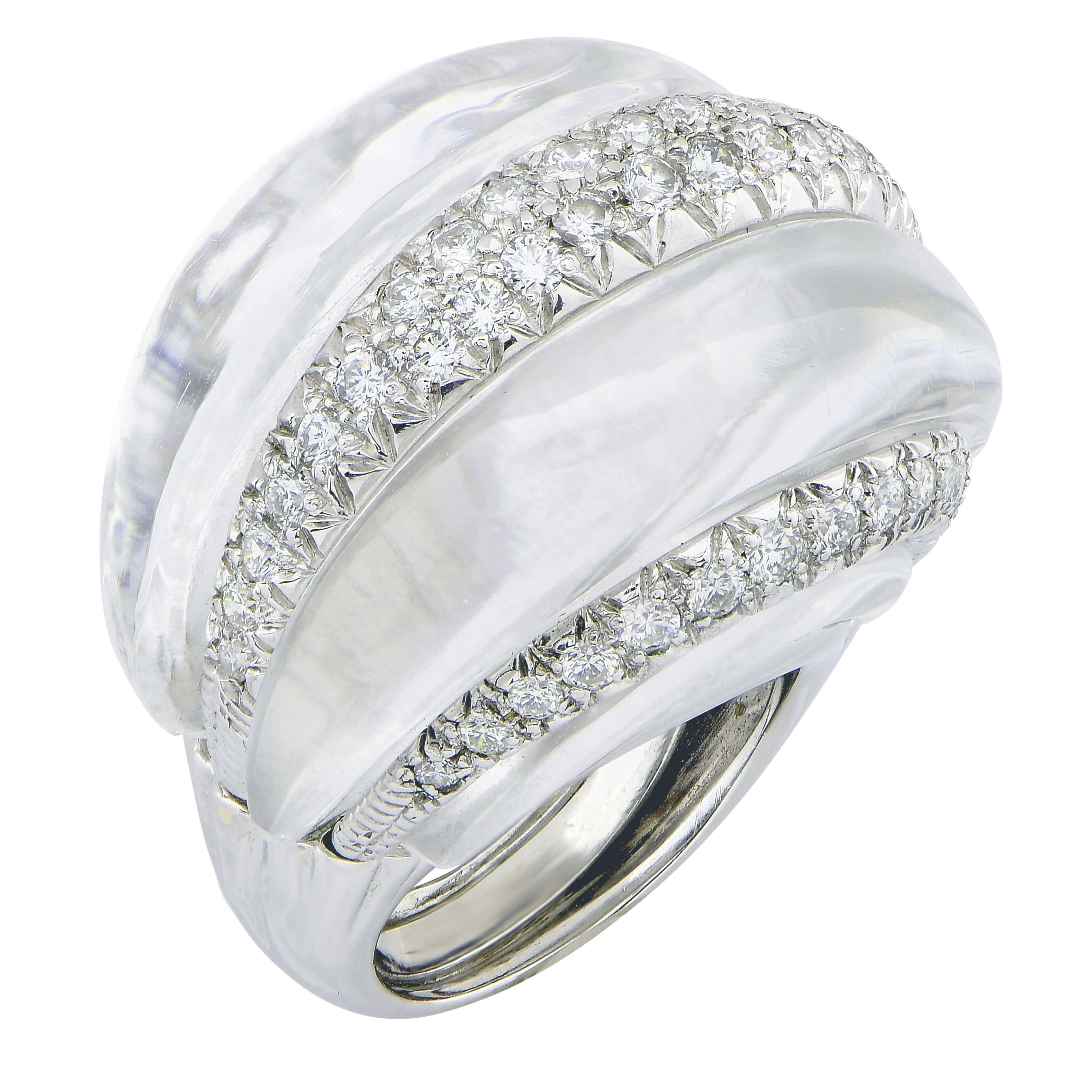 Round Cut David Webb Rock Crystal and Diamond 18 Karat White Gold Ring For Sale