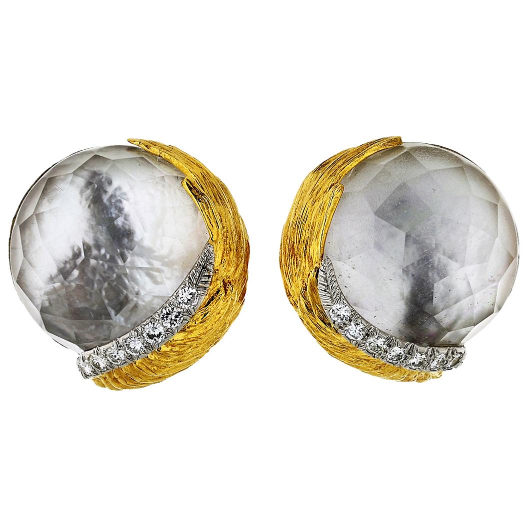 David Webb Rock Crystal and Diamond Clip-On Earrings