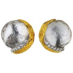 Retro David Webb Rock Crystal and Diamond Clip-On Earrings