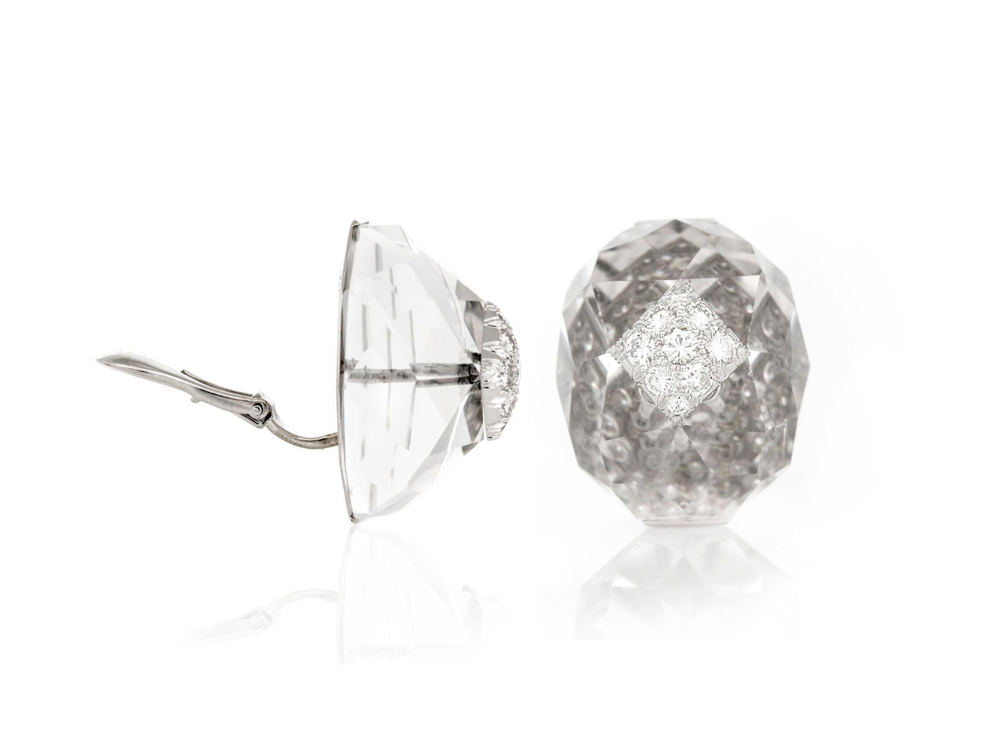 Pair of vintage David Webb earclip earrings with rock crystal and diamonds, finely crafted in 14 k white gold.