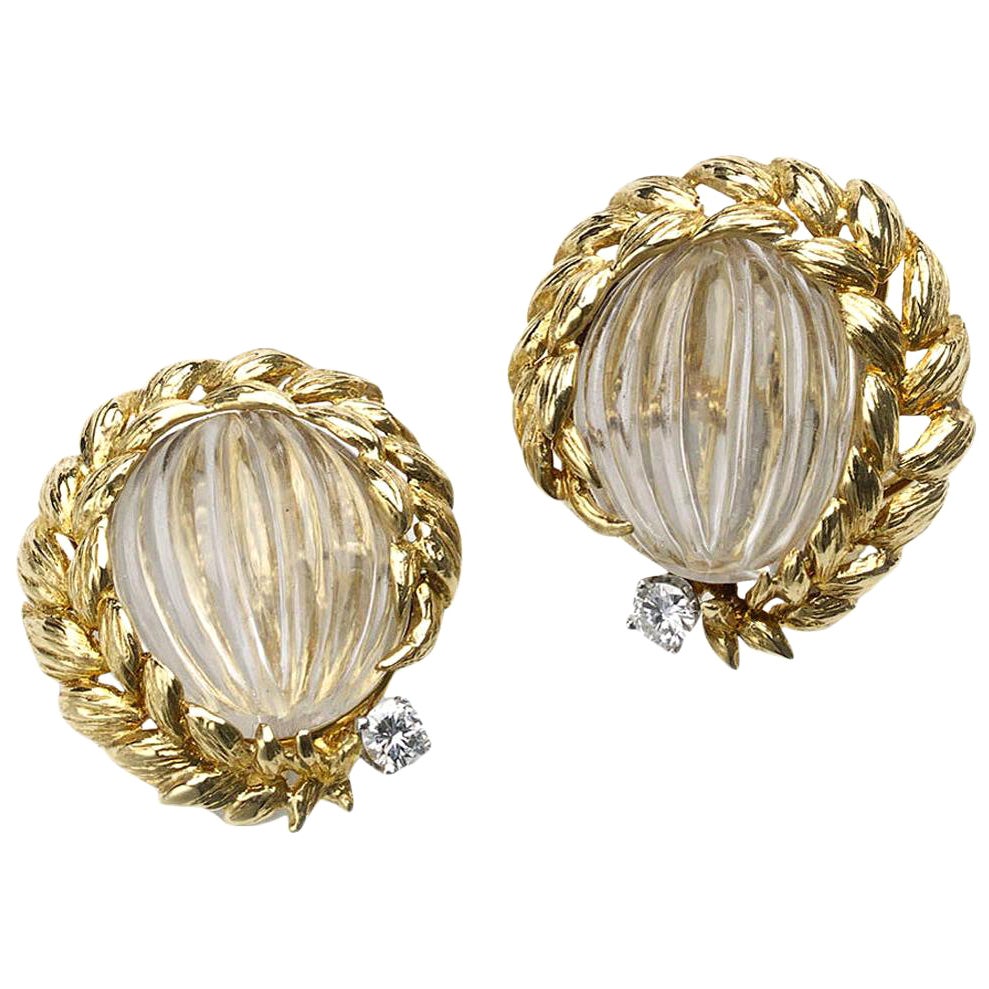 David Webb Rock Crystal and Diamond Gold Earrings
