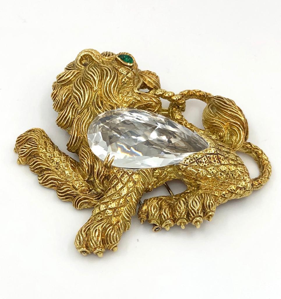 Pear Cut David Webb Kingdom Lion Rock Crystal Emerald Brooch For Sale
