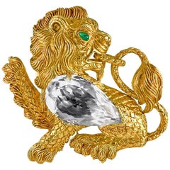 David Webb Kingdom Lion Rock Crystal Emerald Brooch
