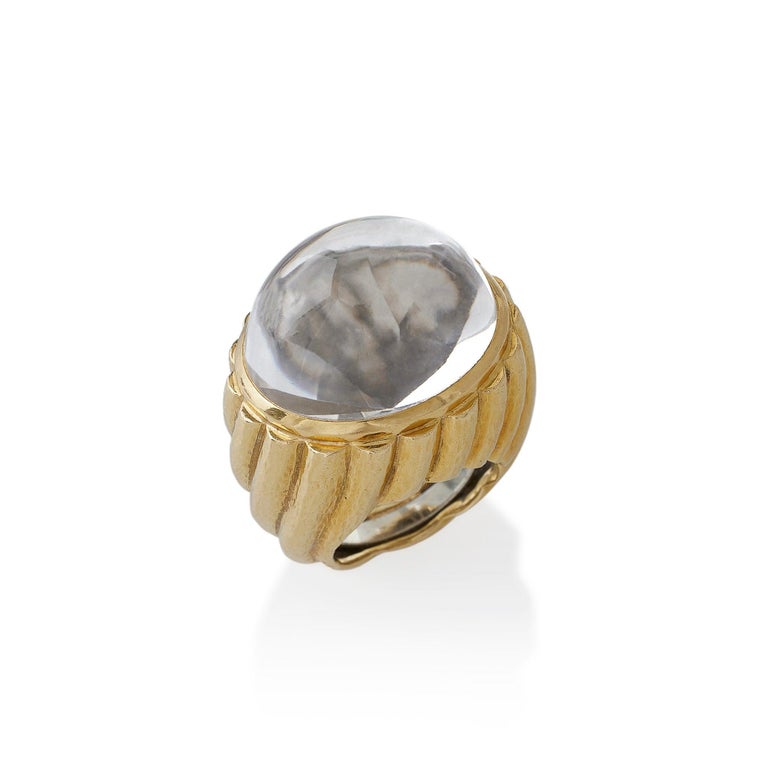 Cabochon David Webb Rock Crystal and Hammered Gold Bombé Ring For Sale