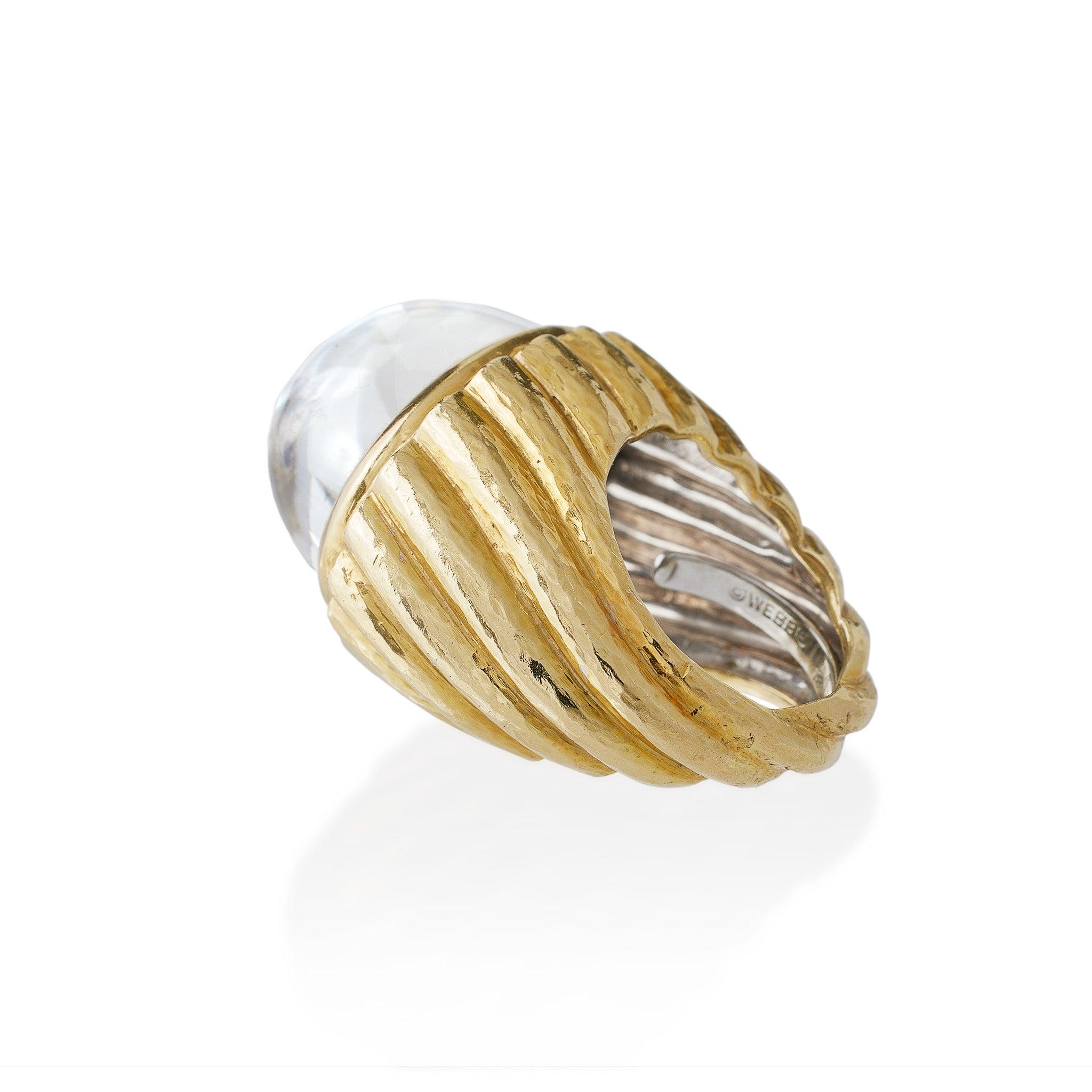 David Webb Rock Crystal and Hammered Gold Bombé Ring In Excellent Condition For Sale In New York, NY