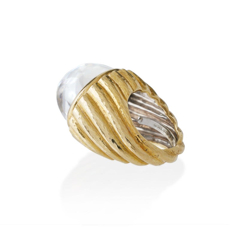 Women's or Men's David Webb Rock Crystal and Hammered Gold Bombé Ring For Sale