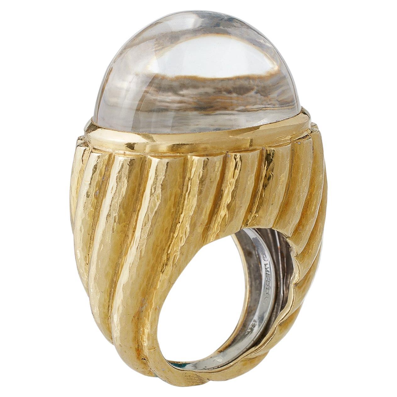 David Webb Rock Crystal and Hammered Gold Bombé Ring