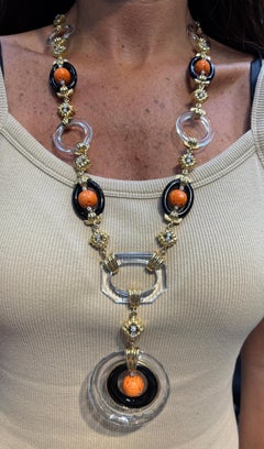 David Webb Rock Crystal Coral and Onyx Necklace