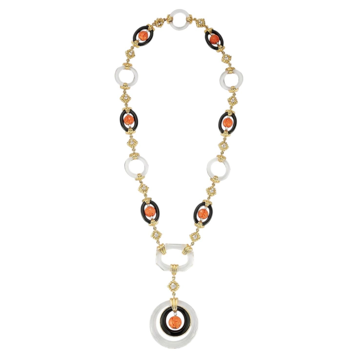 David Webb Rock Crystal Coral and Onyx Necklace For Sale
