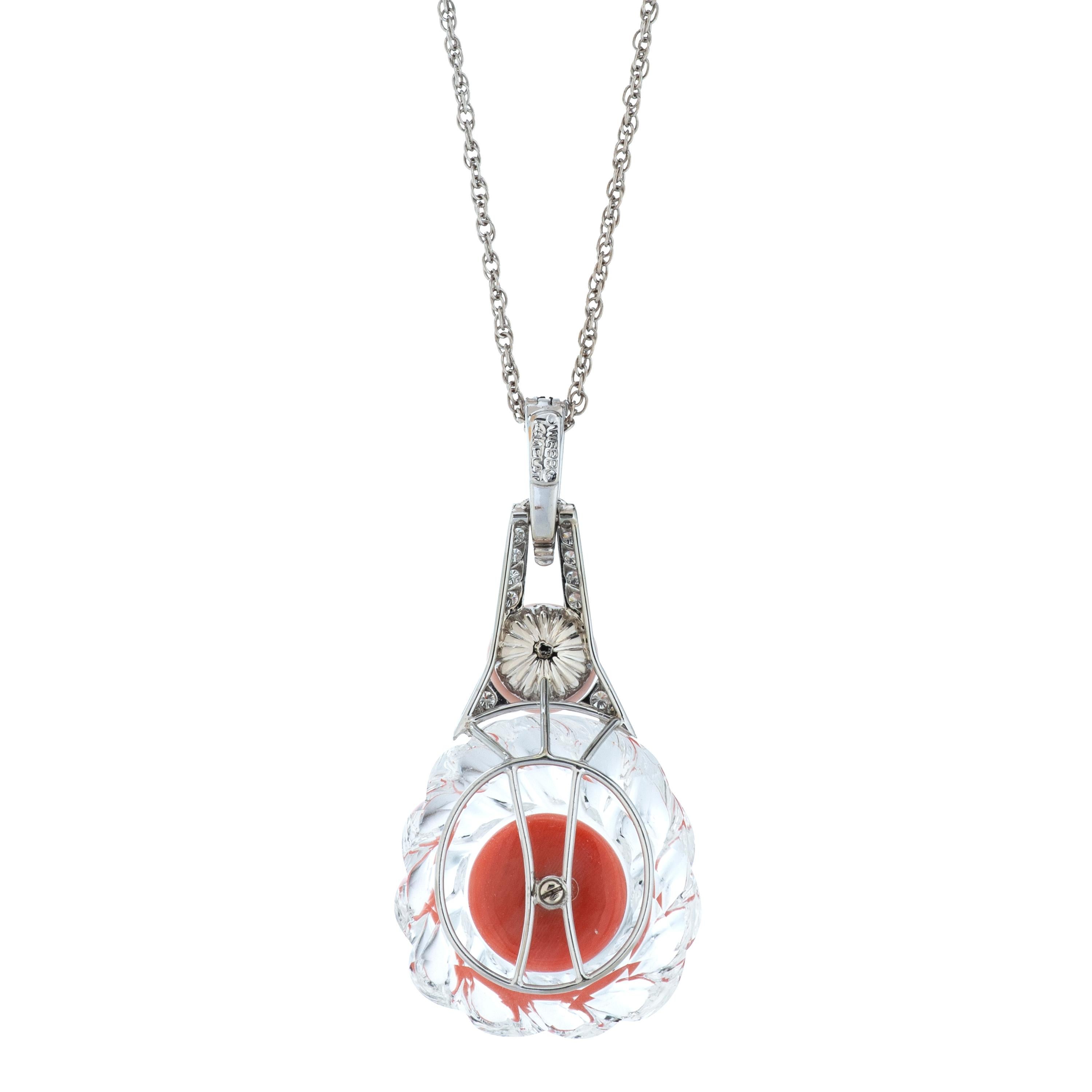 Round Cut David Webb Rock Crystal, Coral, Angelskin Coral and Diamond Pendant Necklace For Sale
