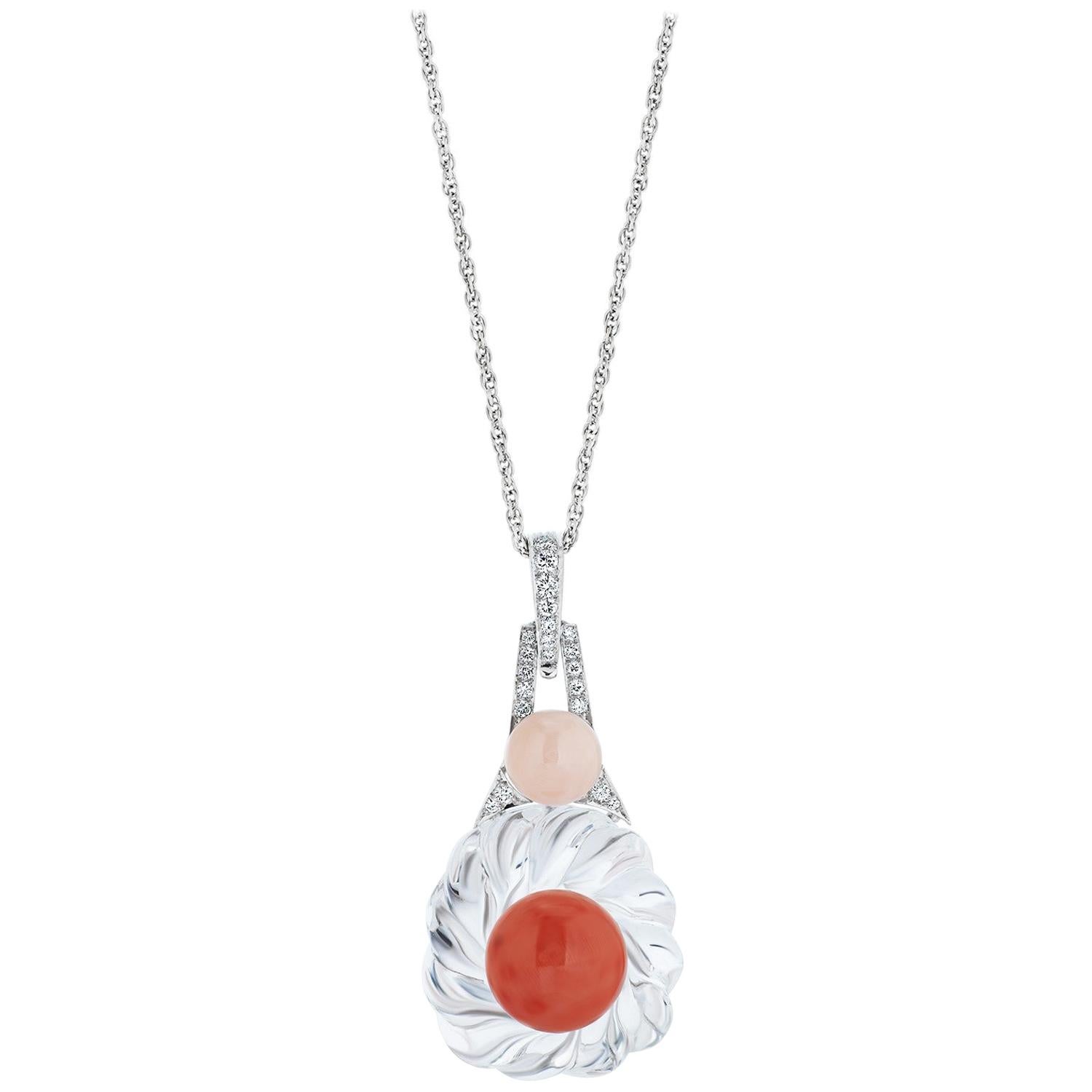 David Webb Rock Crystal, Coral, Angelskin Coral and Diamond Pendant Necklace For Sale