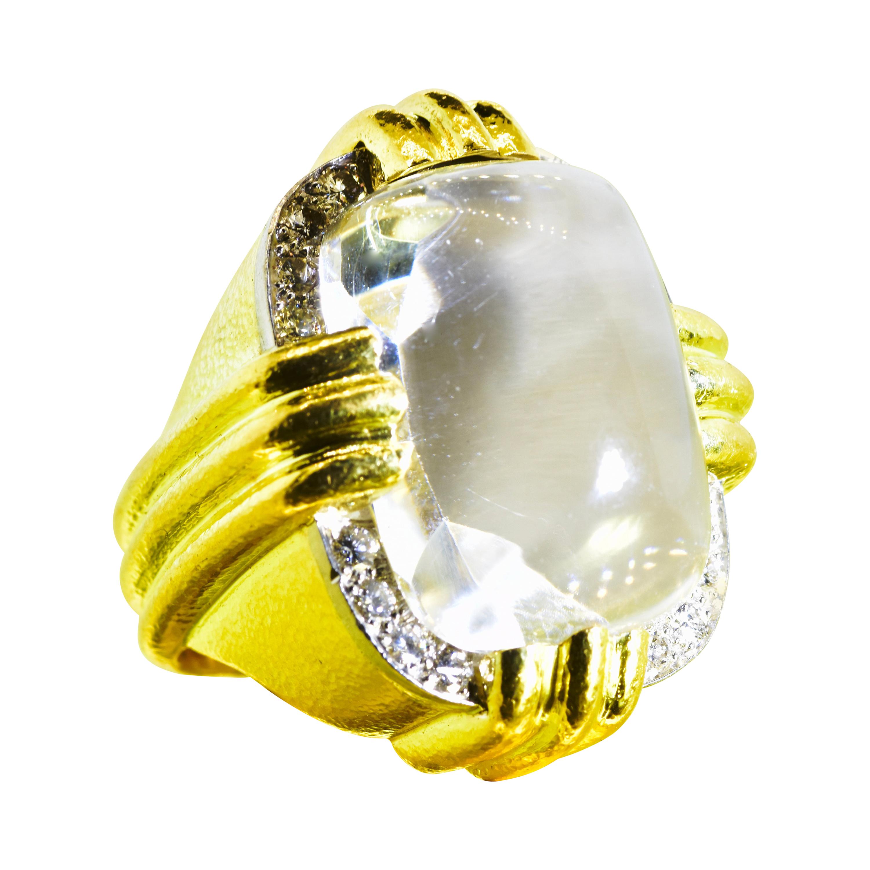 David Webb Rock Crystal, Diamond and 18k, Platinum Ring, Vintage, circa 1960