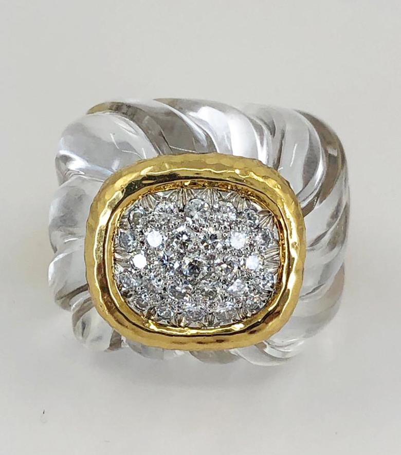 Round Cut David Webb Diamond Rock Crystal Hammered Gold Ring For Sale