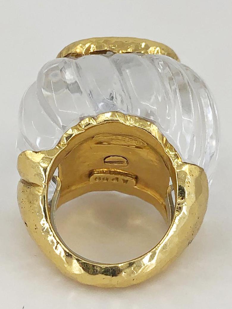 David Webb Diamond Rock Crystal Hammered Gold Ring In Good Condition For Sale In New York, NY