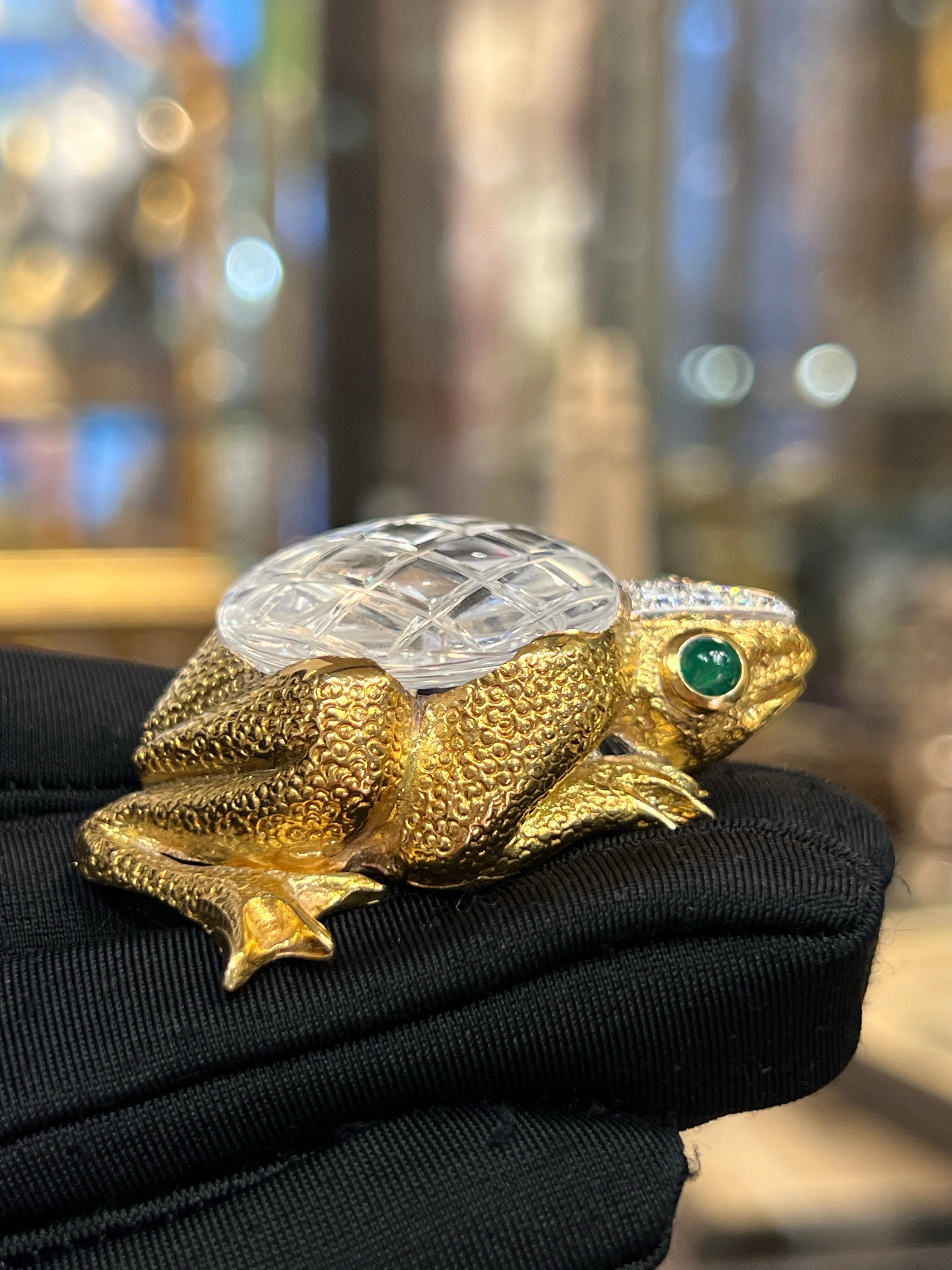 Mixed Cut David Webb Rock Crystal Frog Pendant Brooch