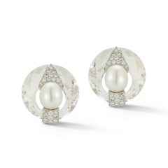 David Webb Rock Crystal Pearl & Diamond Earrings