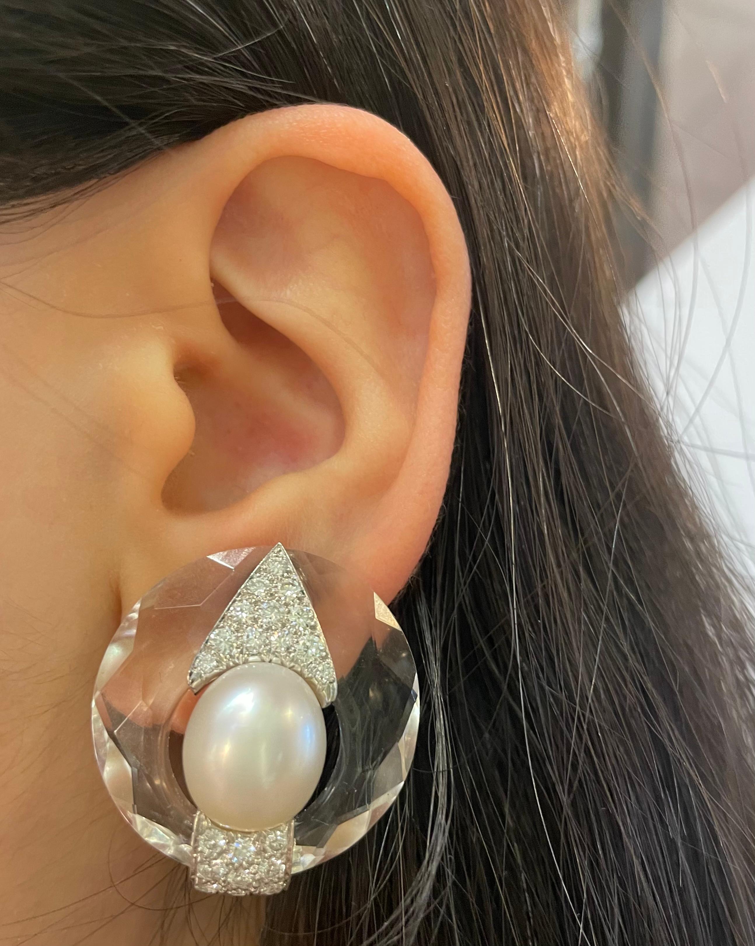 Round Cut David Webb Rock Crystal Pearl & Diamond Earrings For Sale