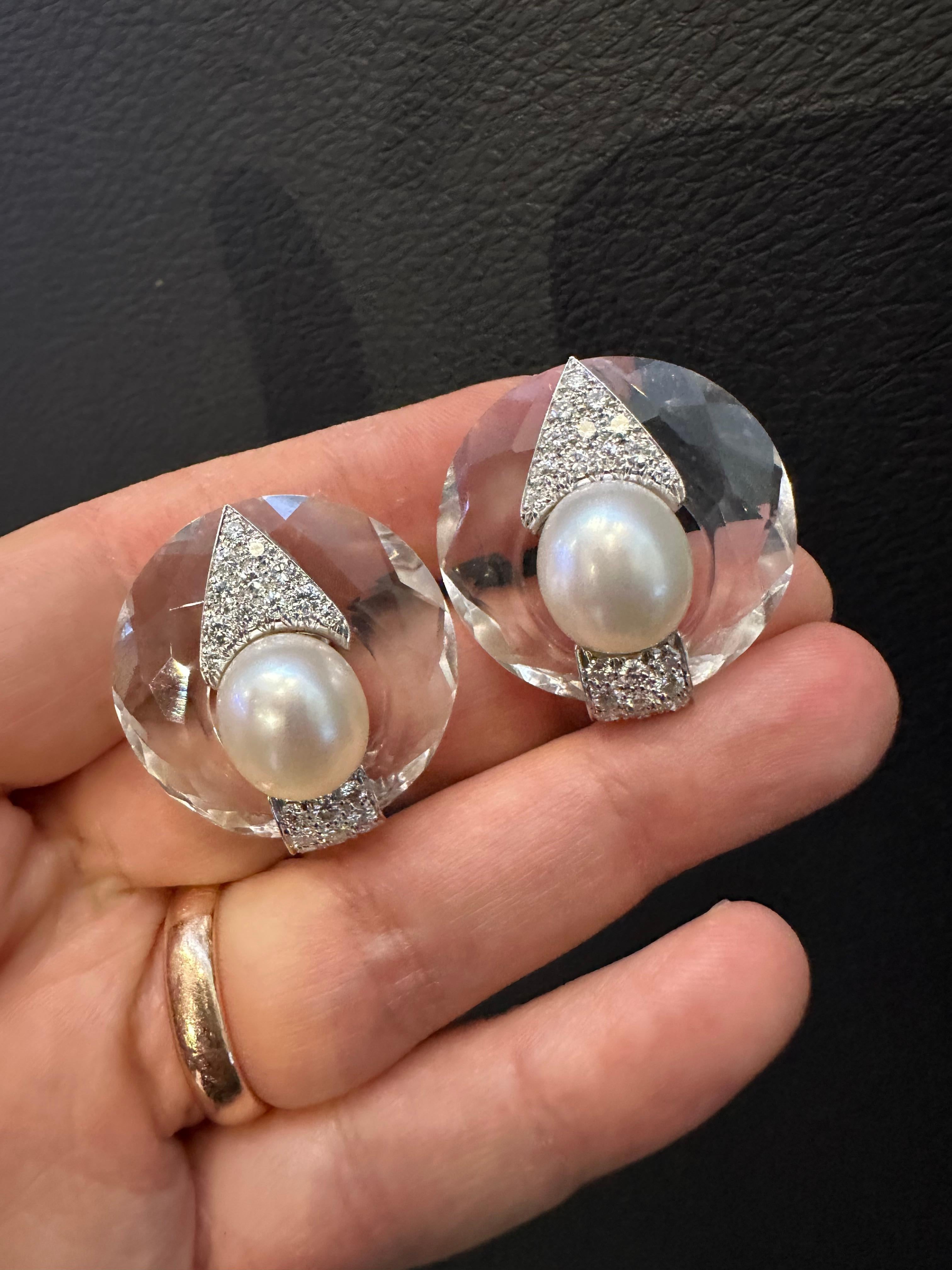 David Webb Rock Crystal Pearl & Diamond Earrings In Excellent Condition For Sale In New York, NY