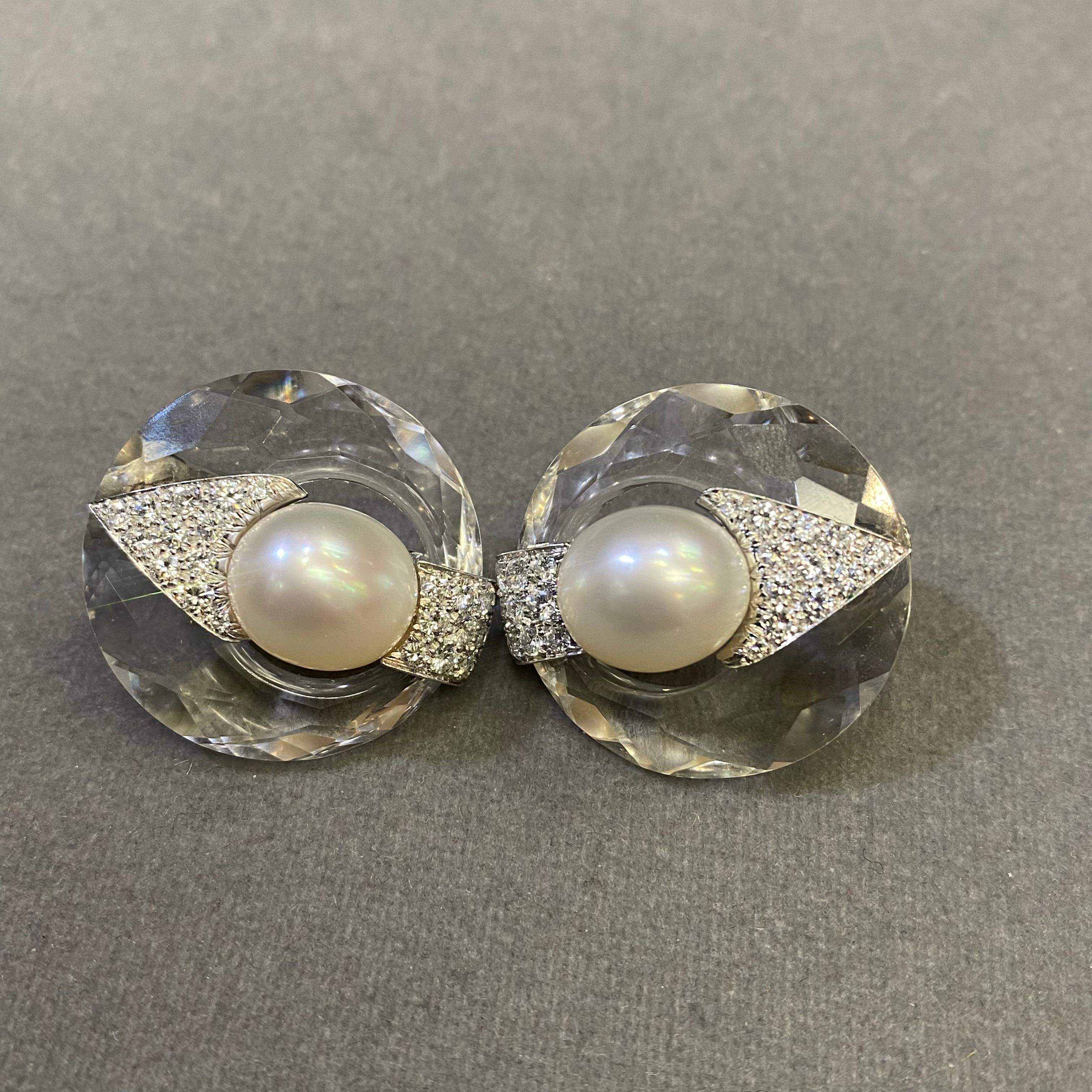 David Webb Rock Crystal Pearl & Diamond Earrings For Sale 1