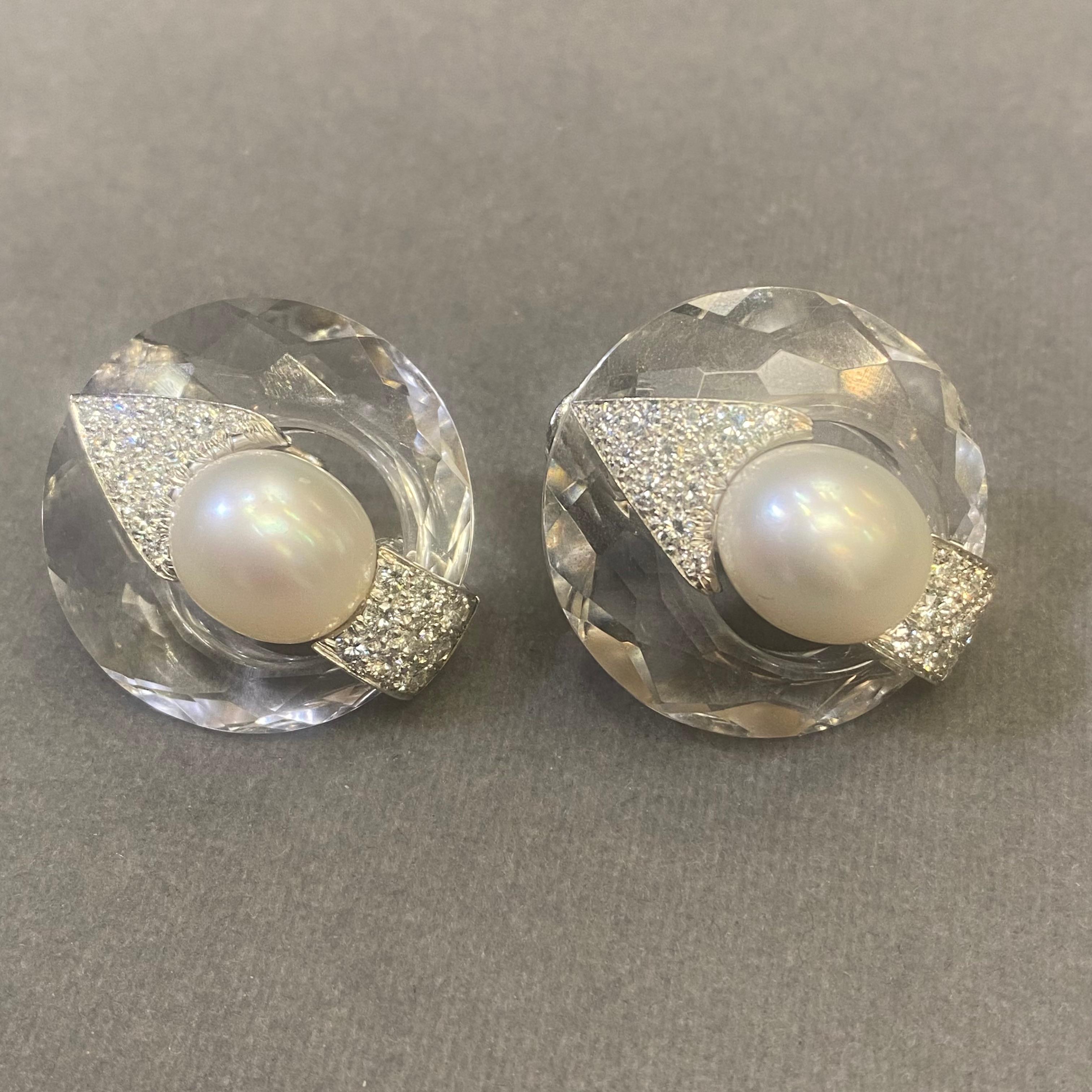 David Webb Rock Crystal Pearl & Diamond Earrings For Sale 2