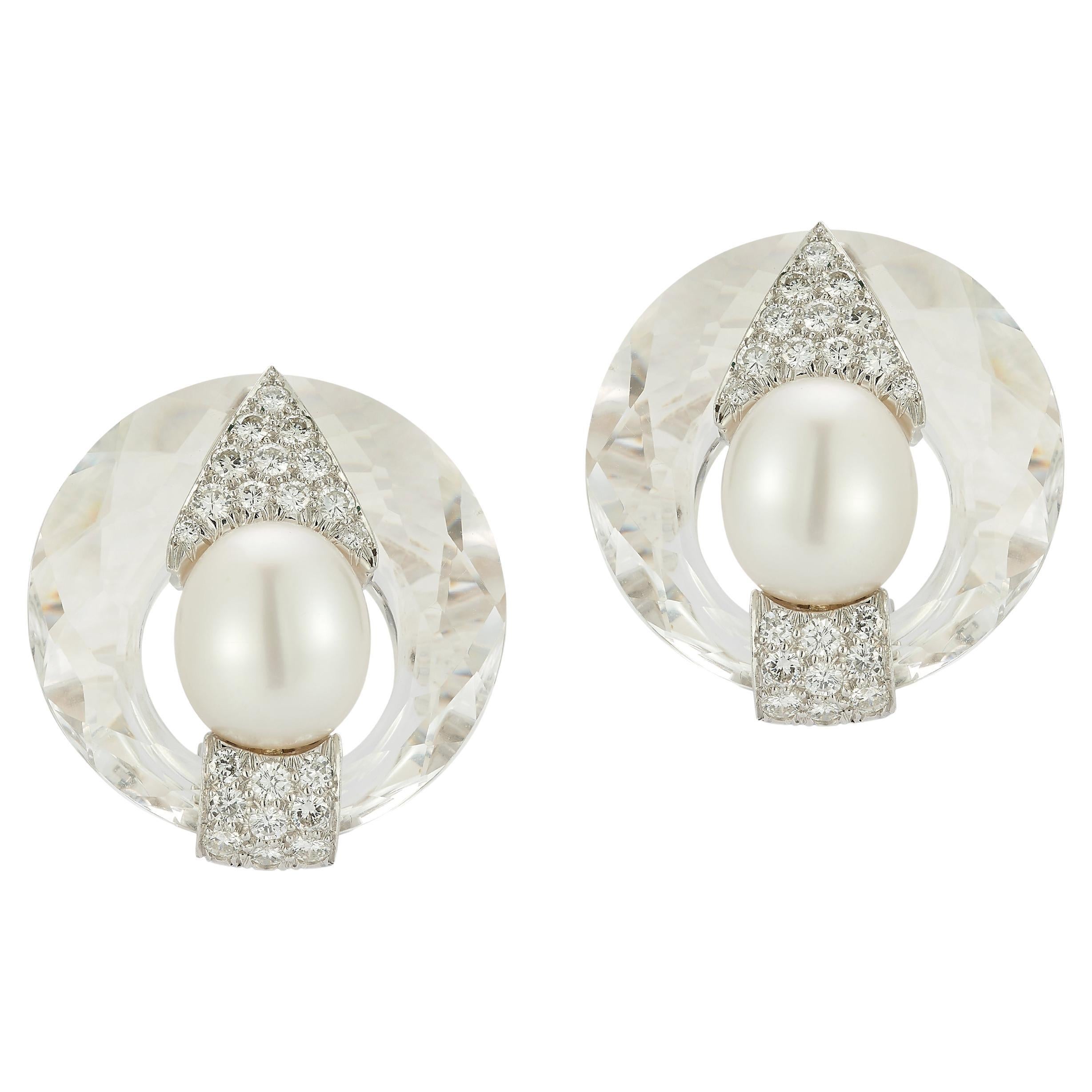 David Webb Rock Crystal Pearl & Diamond Earrings
