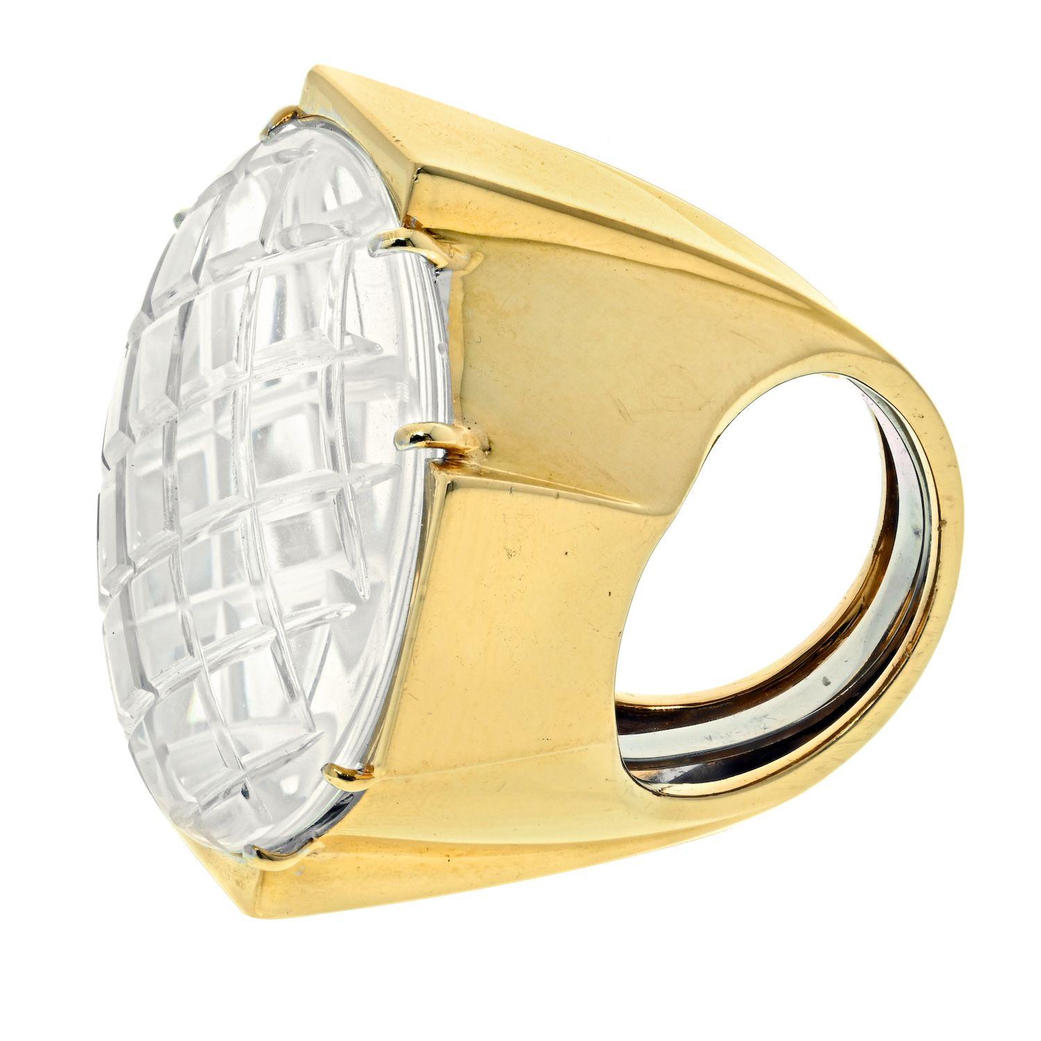 Modern David Webb Rock Crystal Platinum & 18K Yellow Gold Rock Crystal Diamond Ring