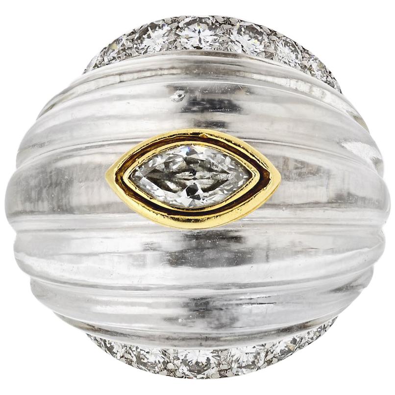 David Webb Rock Crystal Platinum and 18 Karat Gold Marquise Cut Carved Ring