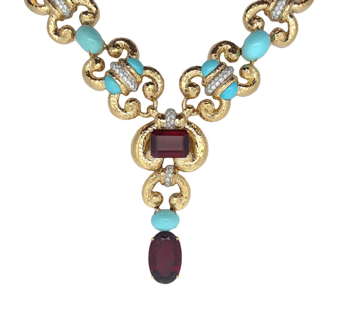 David Webb Set di collana e orecchini con diamanti in rubino e turchesi in vendita 9