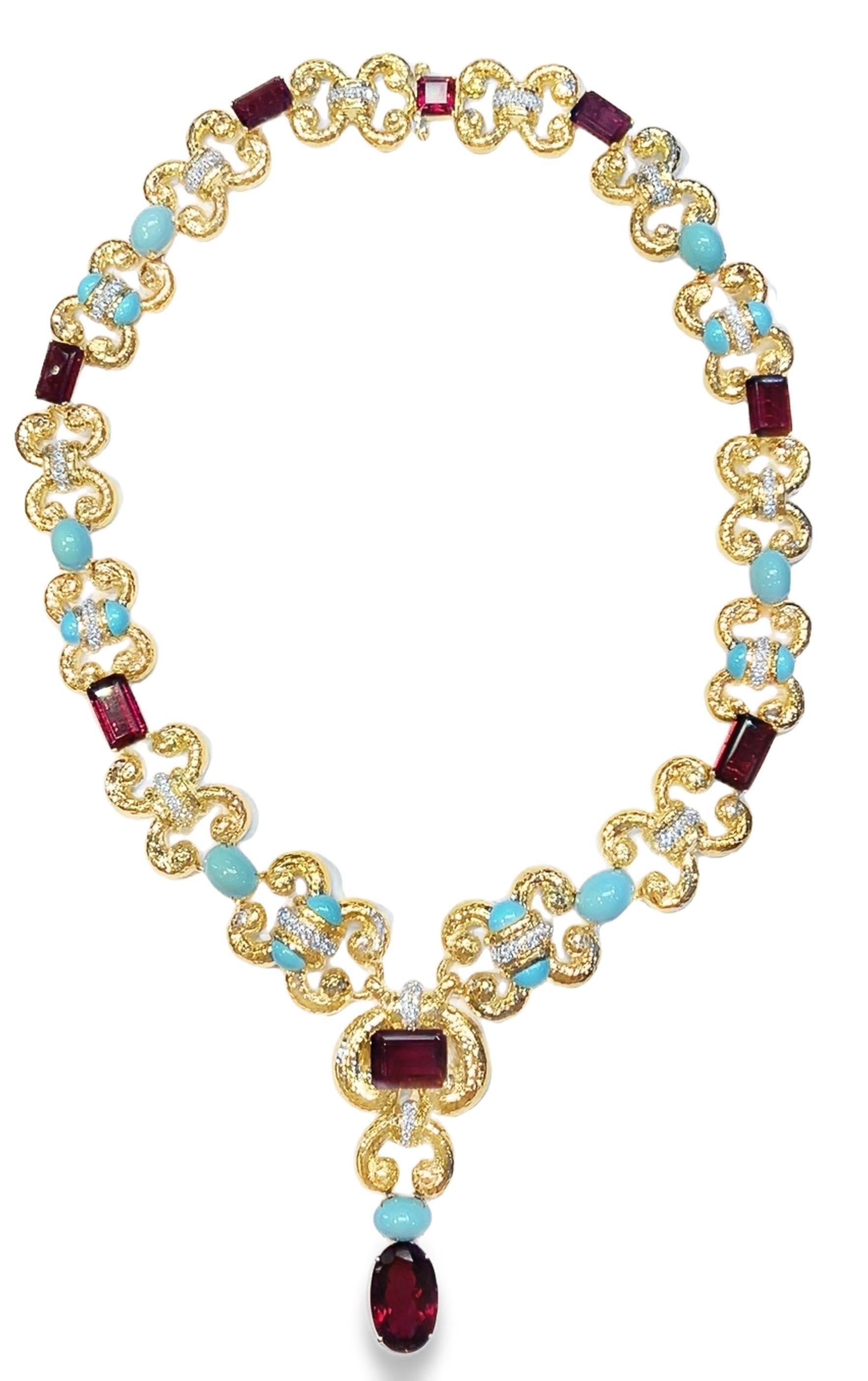 David Webb Set di collana e orecchini con diamanti in rubino e turchesi in vendita 11