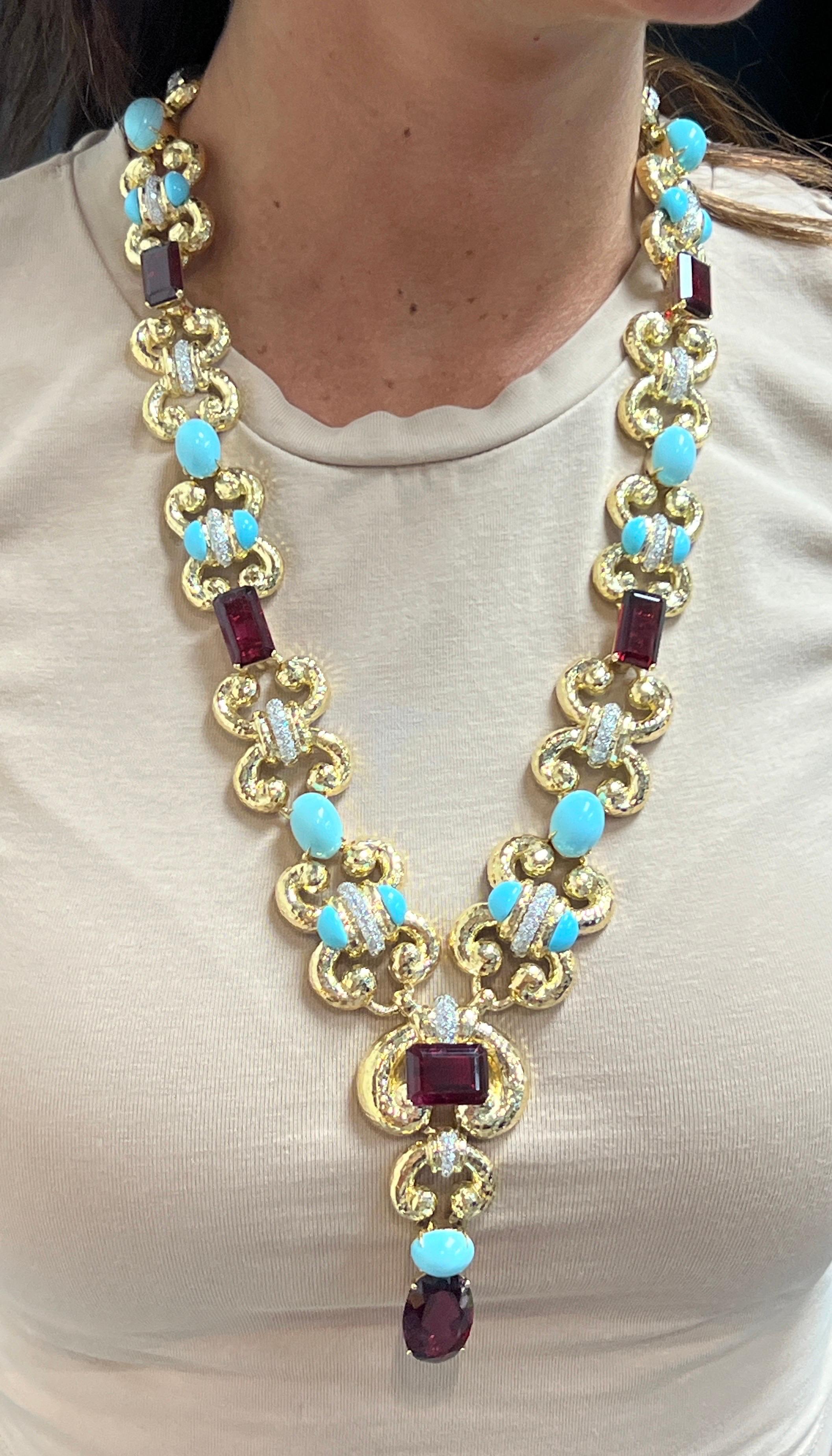 Taglio misto David Webb Set di collana e orecchini con diamanti in rubino e turchesi in vendita