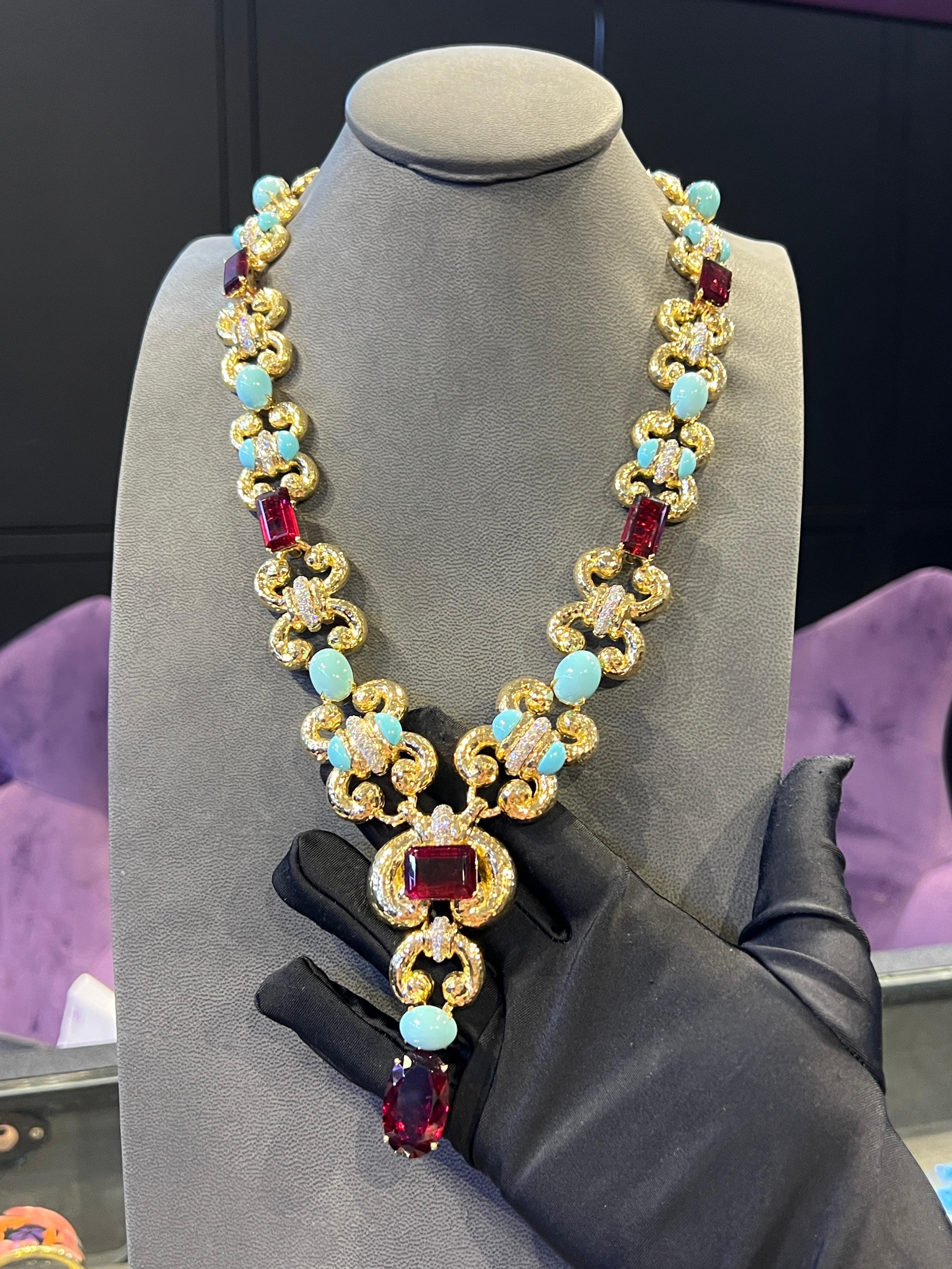 Donna David Webb Set di collana e orecchini con diamanti in rubino e turchesi in vendita