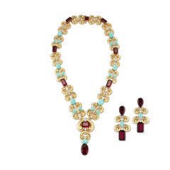 David Webb Rubelilte & Turquoise Diamond Necklace & Earrings Set