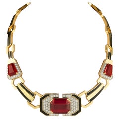 David Webb Rubellite, Diamond, and Enamel Link Necklace